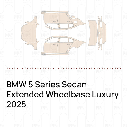 Pre-cut PPF pattern set for the BMW 5 Series Sedan Extended Wheelbase Luxury 2025: outlines of every film piece in the kit.