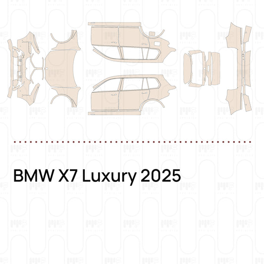 Pre-cut PPF pattern set for the BMW X7 Luxury 2025: outlines of every film piece in the kit.