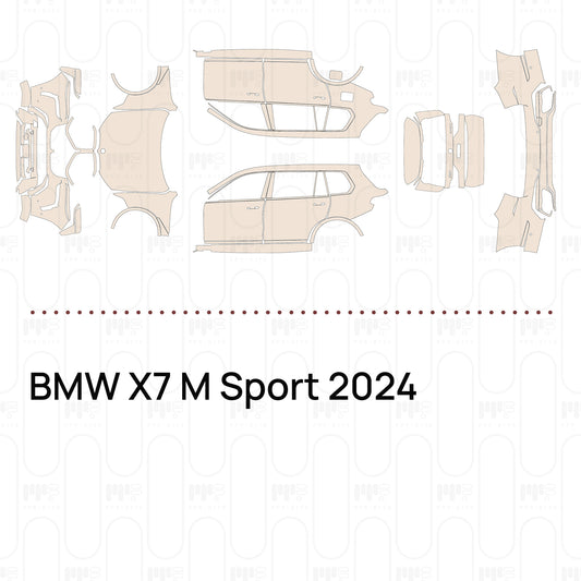 Pre-cut PPF pattern set for the BMW X7 M Sport 2024: outlines of every film piece in the kit.