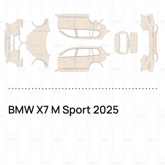 Pre-cut PPF pattern set for the BMW X7 M Sport 2025: outlines of every film piece in the kit.