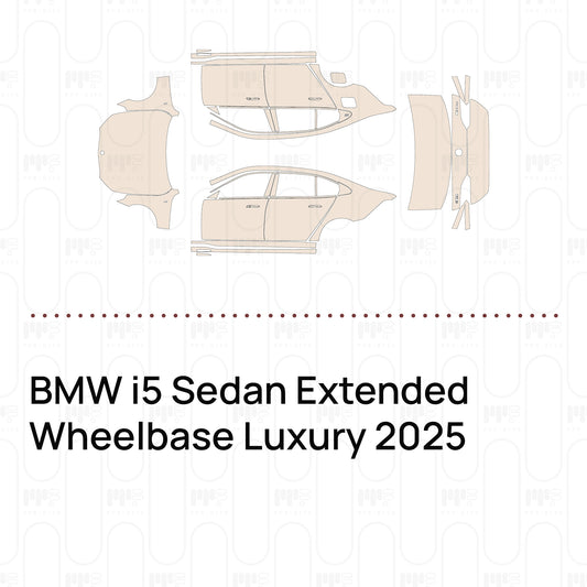 Pre-cut PPF pattern set for the BMW i5 Sedan Extended Wheelbase Luxury 2025: outlines of every film piece in the kit.