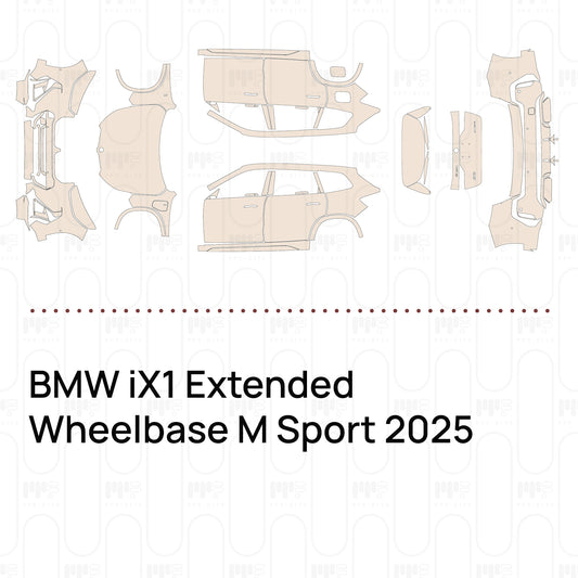 Pre-cut PPF pattern set for the BMW iX1 Extended Wheelbase M Sport 2025: outlines of every film piece in the kit.