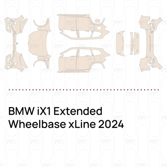 Pre-cut PPF pattern set for the BMW iX1 Extended Wheelbase xLine 2024: outlines of every film piece in the kit.