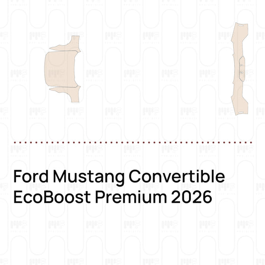 Pre-cut PPF pattern set for the Ford Mustang Convertible EcoBoost Premium 2026: outlines of every film piece in the kit.