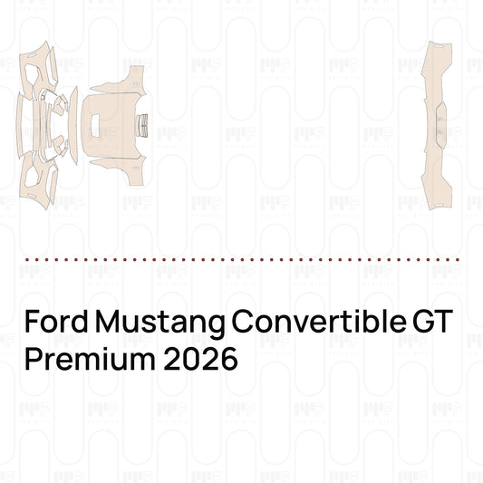 Pre-cut PPF pattern set for the Ford Mustang Convertible GT Premium 2026: outlines of every film piece in the kit.