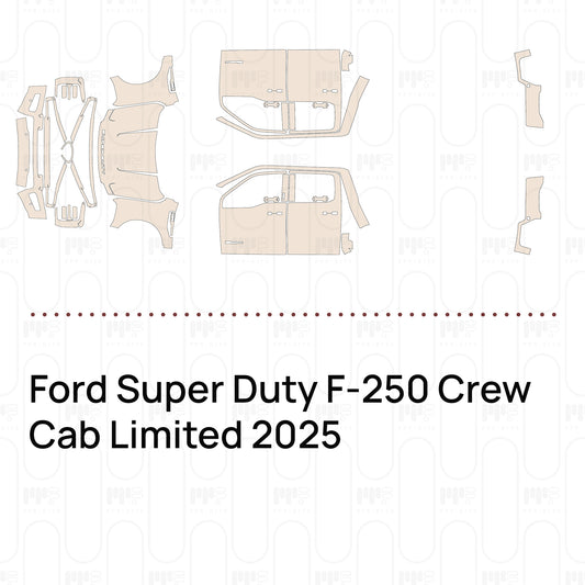 Pre-cut PPF pattern set for the Ford Super Duty F-250 Crew Cab Limited 2025: outlines of every film piece in the kit.