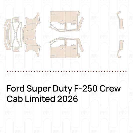 Pre-cut PPF pattern set for the Ford Super Duty F-250 Crew Cab Limited 2026: outlines of every film piece in the kit.