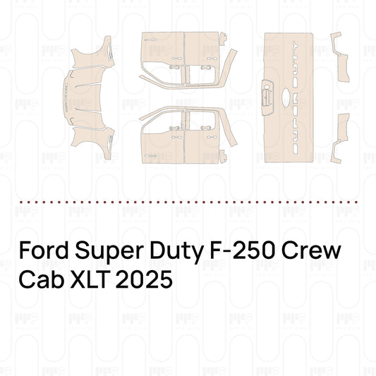 Pre-cut PPF pattern set for the Ford Super Duty F-250 Crew Cab XLT 2025: outlines of every film piece in the kit.