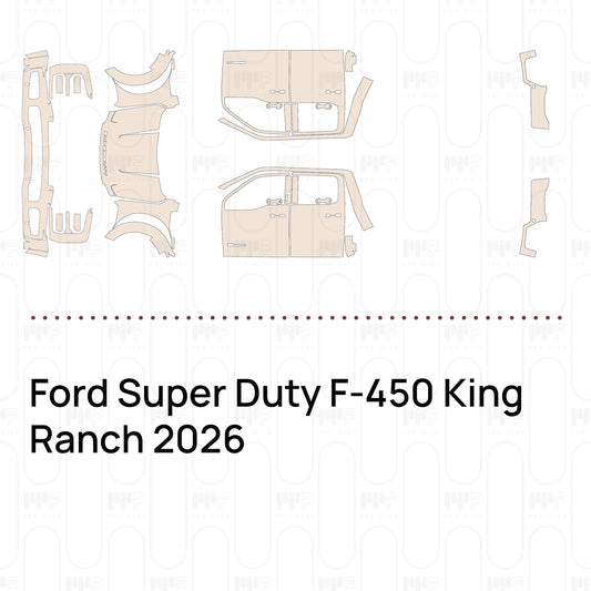 Pre-cut PPF pattern set for the Ford Super Duty F-450 King Ranch 2026: outlines of every film piece in the kit.