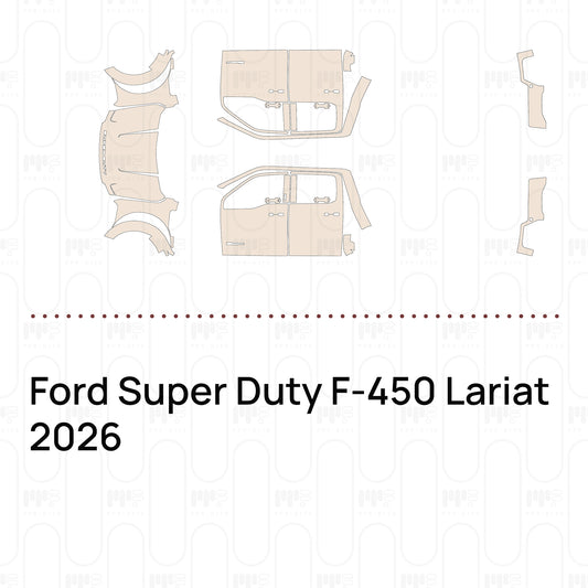 Pre-cut PPF pattern set for the Ford Super Duty F-450 Lariat 2026: outlines of every film piece in the kit.