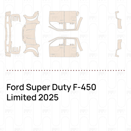 Pre-cut PPF pattern set for the Ford Super Duty F-450 Limited 2025: outlines of every film piece in the kit.