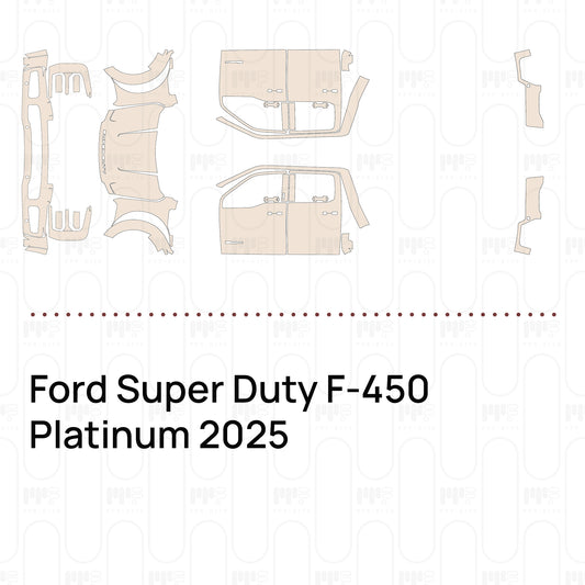 Pre-cut PPF pattern set for the Ford Super Duty F-450 Platinum 2025: outlines of every film piece in the kit.
