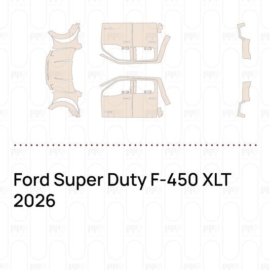 Pre-cut PPF pattern set for the Ford Super Duty F-450 XLT 2026: outlines of every film piece in the kit.