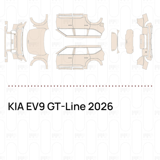 Pre-cut PPF pattern set for the KIA EV9 GT-Line 2026: outlines of every film piece in the kit.
