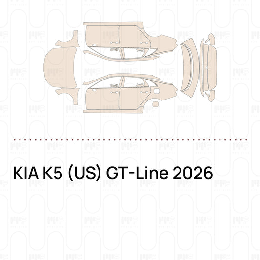 Pre-cut PPF pattern set for the KIA K5 US GT-Line 2026: outlines of every film piece in the kit.
