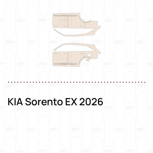 Pre-cut PPF pattern set for the KIA Sorento EX 2026: outlines of every film piece in the kit.