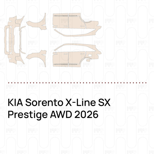 Pre-cut PPF pattern set for the KIA Sorento X-Line SX Prestige AWD 2026: outlines of every film piece in the kit.