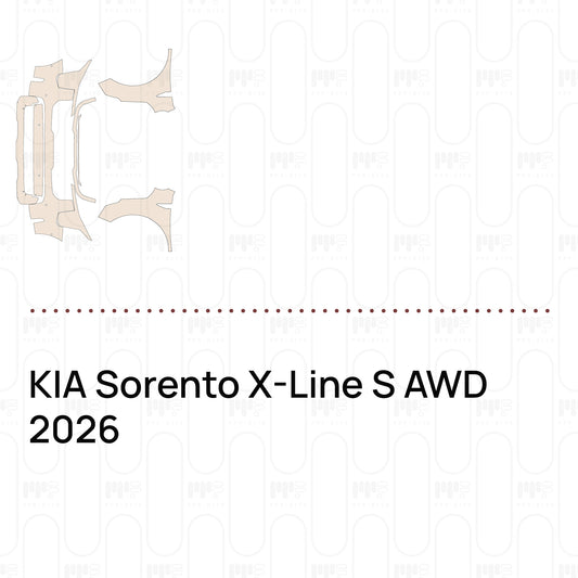 Pre-cut PPF pattern set for the KIA Sorento X-Line S AWD 2026: outlines of every film piece in the kit.
