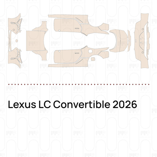 Pre-cut PPF pattern set for the Lexus LC Convertible 2026: outlines of every film piece in the kit.
