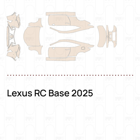 Pre-cut PPF pattern set for the Lexus RC Base 2025: outlines of every film piece in the kit.