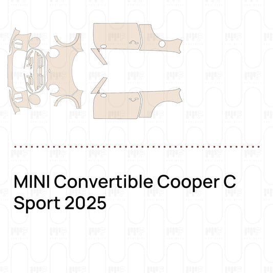 Pre-cut PPF pattern set for the MINI Convertible Cooper C Sport 2025: outlines of every film piece in the kit.