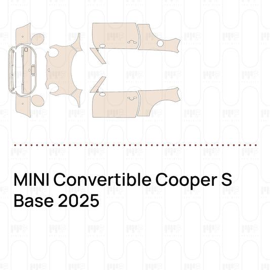 Pre-cut PPF pattern set for the MINI Convertible Cooper S Base 2025: outlines of every film piece in the kit.