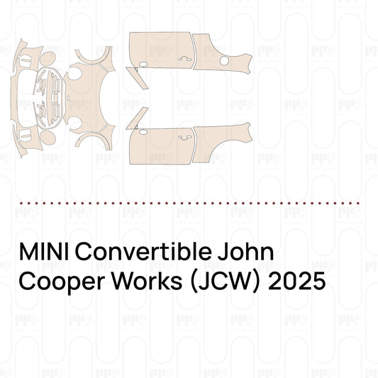 Pre-cut PPF pattern set for the MINI Convertible John Cooper Works JCW 2025: outlines of every film piece in the kit.