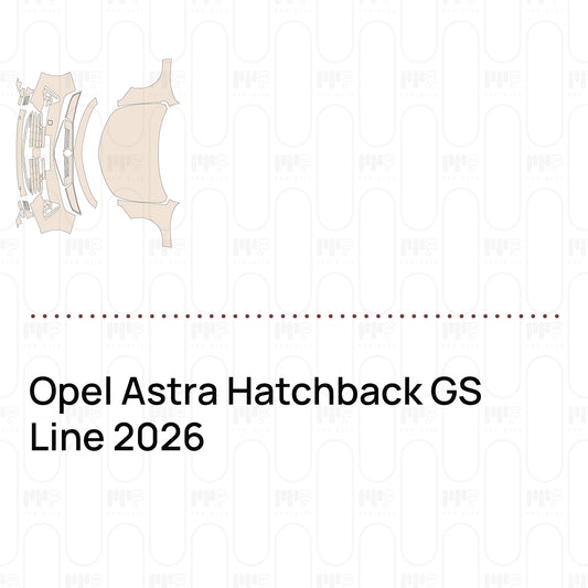Pre-cut PPF pattern set for the Opel Astra Hatchback GS Line 2026: outlines of every film piece in the kit.