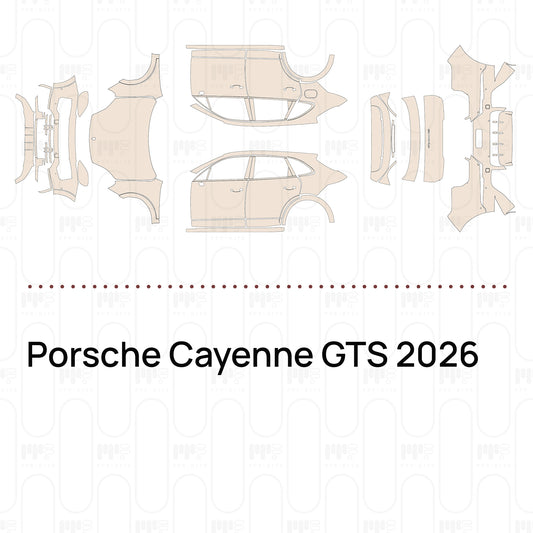 Pre-cut PPF pattern set for the Porsche Cayenne GTS 2026: outlines of every film piece in the kit.