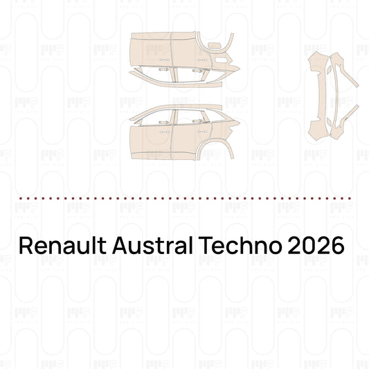 Pre-cut PPF pattern set for the Renault Austral Techno 2026: outlines of every film piece in the kit.