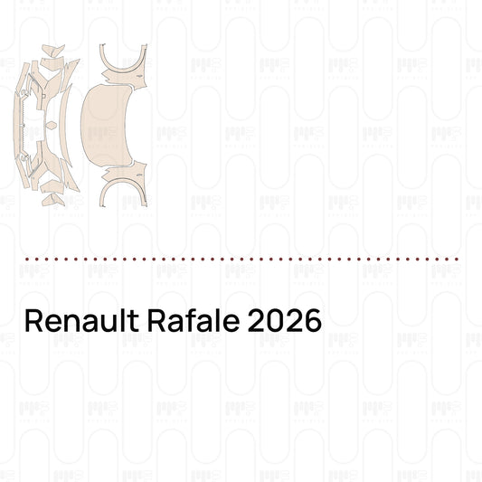 Pre-cut PPF pattern set for the Renault Rafale 2026: outlines of every film piece in the kit.