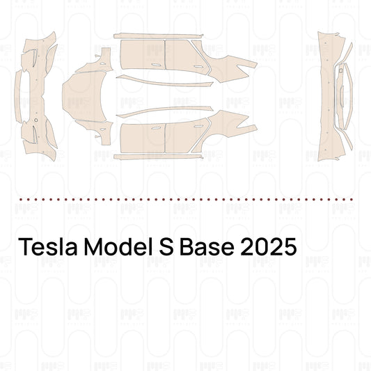 Pre-cut PPF pattern set for the Tesla Model S Base 2025: outlines of every film piece in the kit.