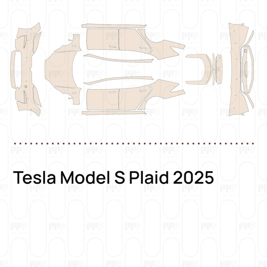Pre-cut PPF pattern set for the Tesla Model S Plaid 2025: outlines of every film piece in the kit.