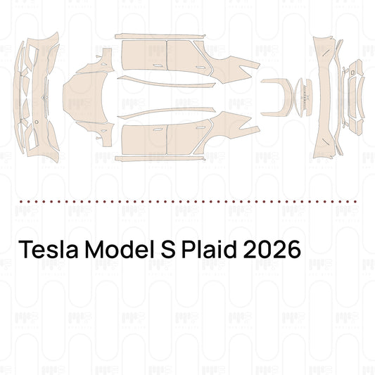 Pre-cut PPF pattern set for the Tesla Model S Plaid 2026: outlines of every film piece in the kit.