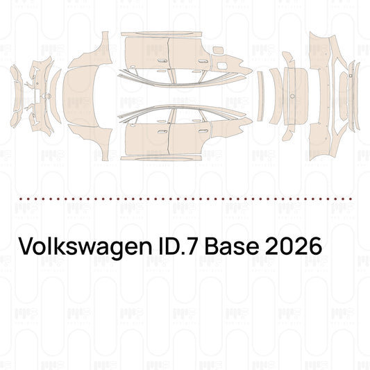 Pre-cut PPF pattern set for the Volkswagen ID.7 Base 2026: outlines of every film piece in the kit.