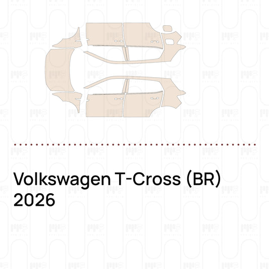 Pre-cut PPF pattern set for the Volkswagen T-Cross BR 2026: outlines of every film piece in the kit.