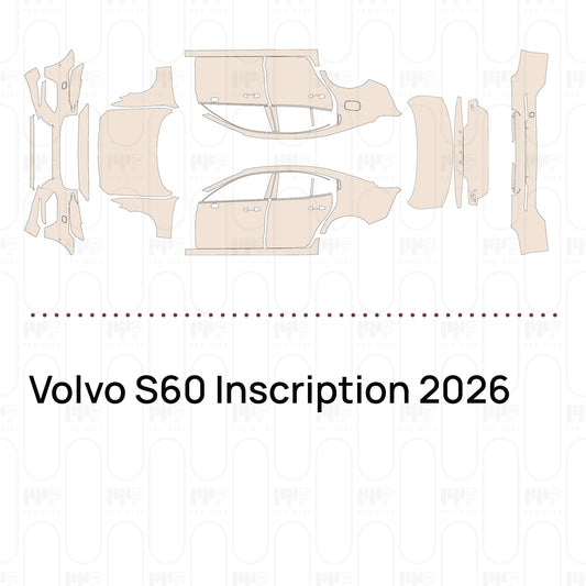 Pre-cut PPF pattern set for the Volvo S60 Inscription 2026: outlines of every film piece in the kit.