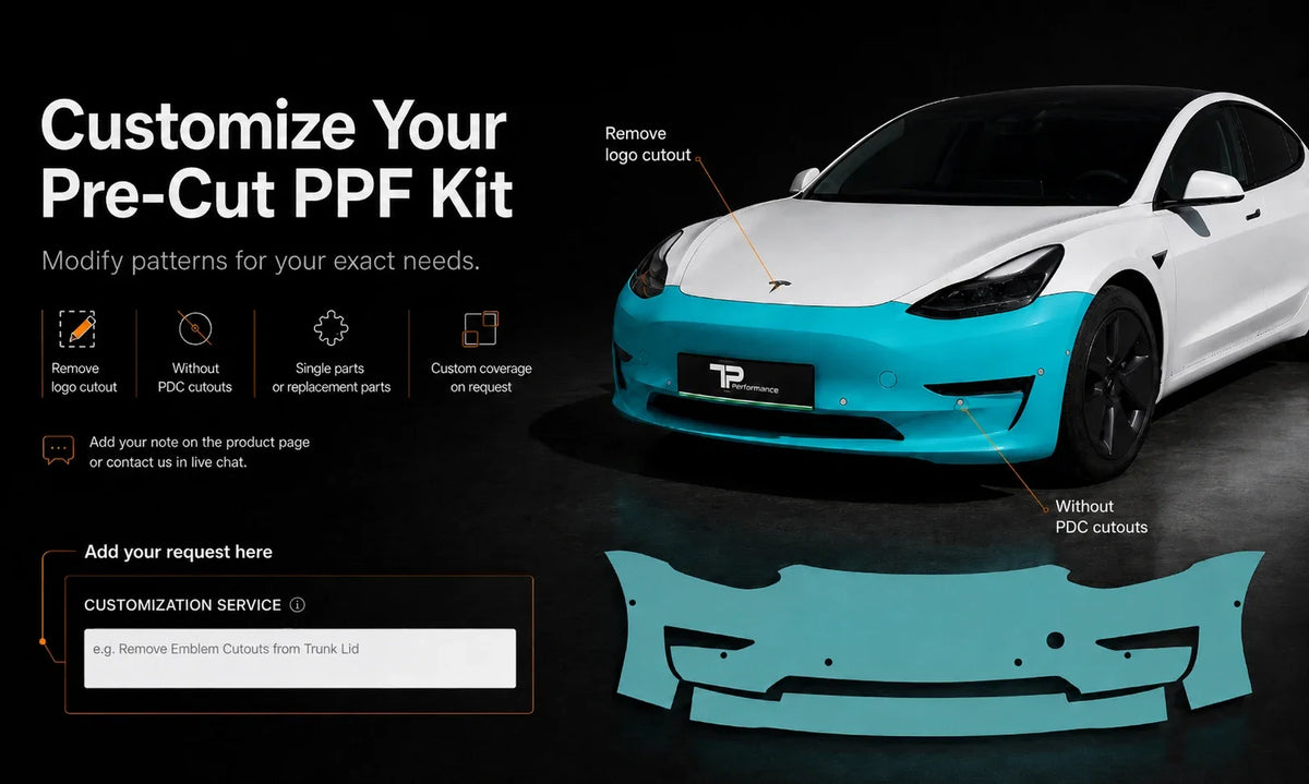 Customisation options for a pre-cut PPF kit: removing logo cutouts, omitting PDC sensor cutouts, single or replacement parts and custom coverage, requested through the customisation field on the product page