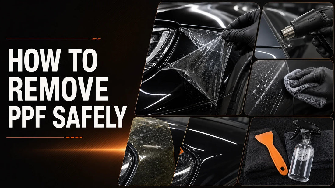 How to remove PPF safely — peeling paint protection film off a black car, with a heat gun, a plastic edge tool, a spray bottle and a microfibre towel