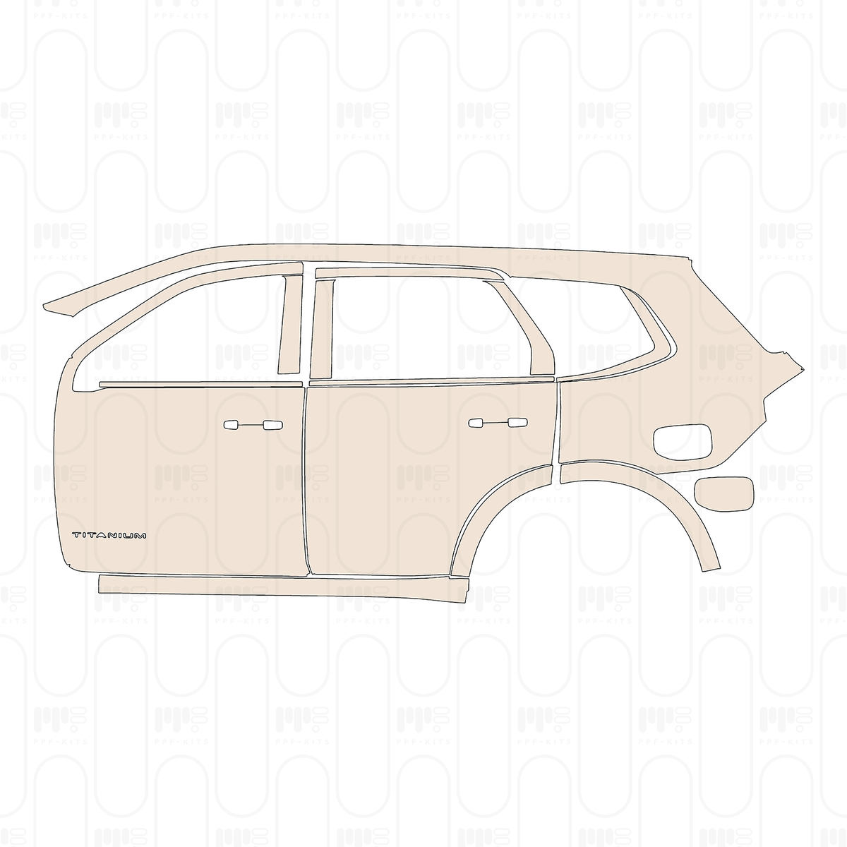 (left) Door+Rear Fender+Side Skirt with "TITANIUM" Emblem on front door, Separate cutting of B‐Pillar and C‐Pillar
