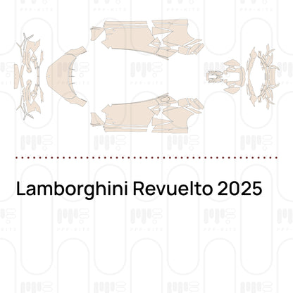 Pre-cut PPF pattern set for the Lamborghini Revuelto 2025: outlines of every film piece in the kit.